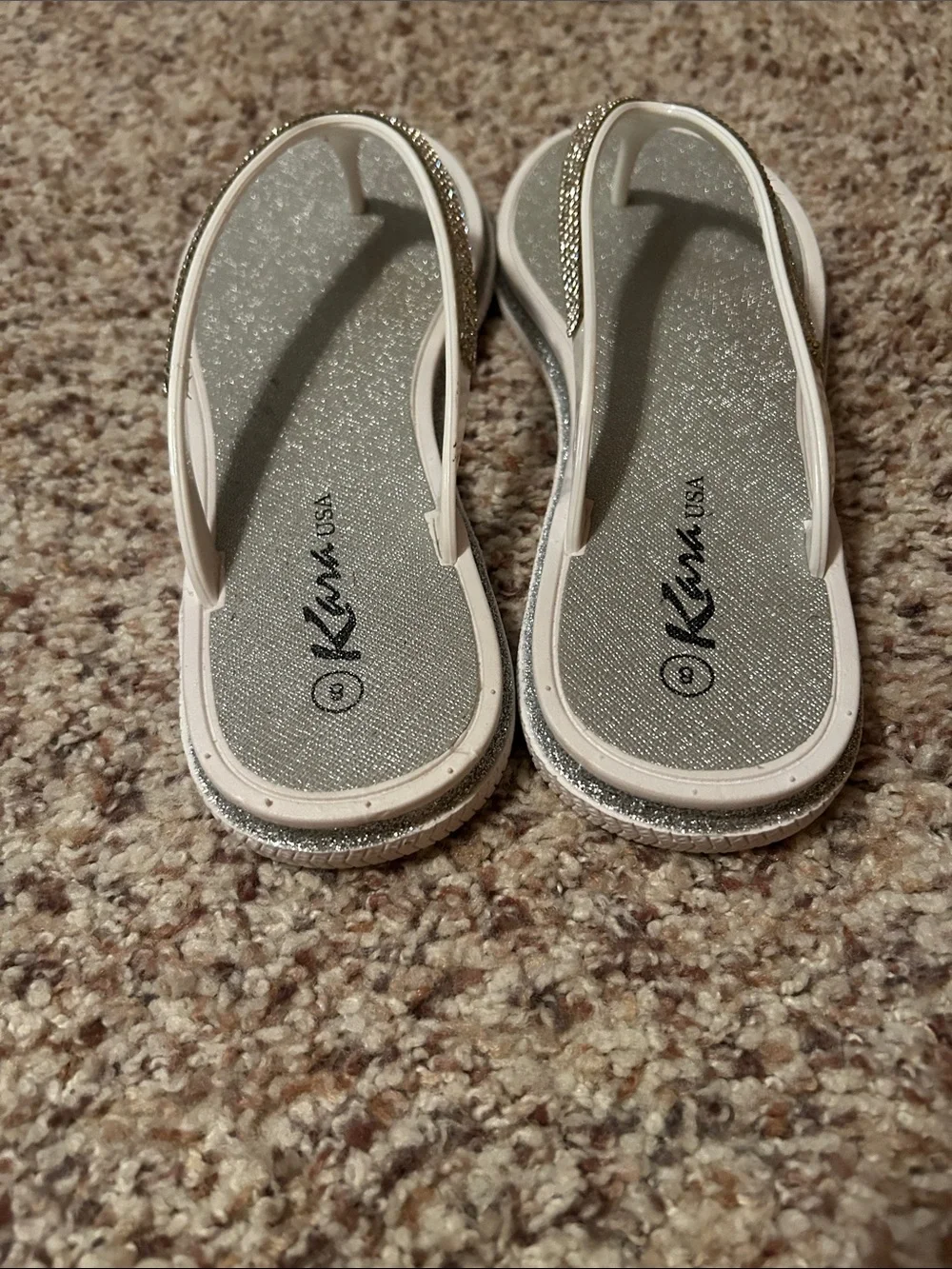 Kara USA white Rhinestone Thong Sandals with Silver Footbed
